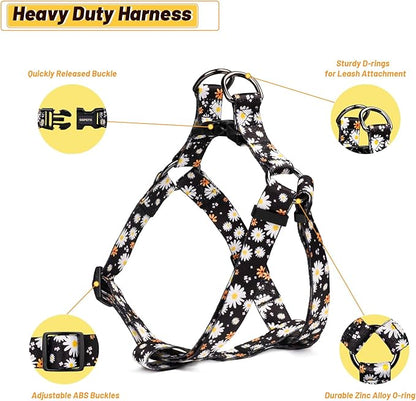 QQPETS Dog Harness Leash Set Adjustable Heavy Duty No Pull Halter Harnesses for Small Medium Large Breed Dogs Back Clip Anti-Twist Perfect for Walking (L(23"-32" Chest Girth), White Daisy)