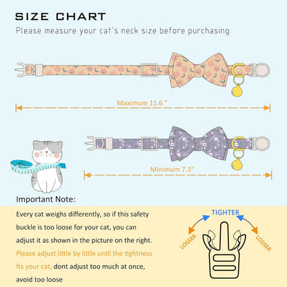 Faygarsle 2 Pack Halloween Cat Collar with Bow Tie and Bell, Breakaway Safety Buckle, Purple Skull Bat and Orange Pumpkin Pattern