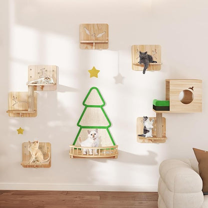 Cat Wall Shelves, Cat Wall Furniture Pine Wooden Feline Shelf, 13 Piece Shelves and Perches with Bowl, Warmer Mat, Condo, House, Steps and Cat Scratcher