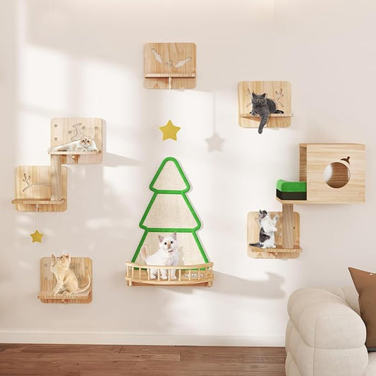 Cat Wall Shelves, Cat Wall Furniture Pine Wooden Feline Shelf, 13 Piece Shelves and Perches with Bowl, Warmer Mat, Condo, House, Steps and Cat Scratcher