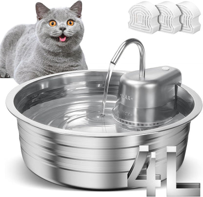 Cat Water Fountain, 4L/135OZ Stainless Steel Pet Fountain with 3 Filters Dog Water Dispenser, Dog Water Bowl Cat Drinking Fountains Watering Supplies with Ultra-Quiet Pump for Pets Indoor