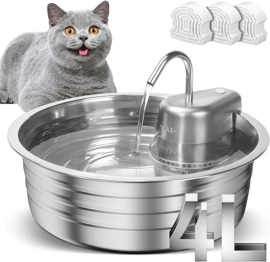 Cat Water Fountain, 4L/135OZ Stainless Steel Pet Fountain with 3 Filters Dog Water Dispenser, Dog Water Bowl Cat Drinking Fountains Watering Supplies with Ultra-Quiet Pump for Pets Indoor