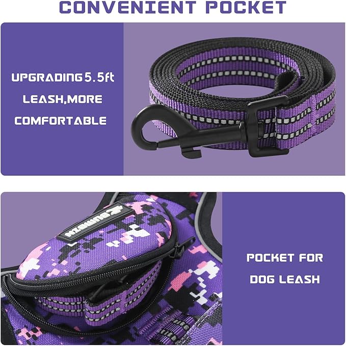 No Pull Dog Harness for Medium Dogs, Adjustable No Choke Pet Vest with Dog Leash Fit Smart Reflective Pet Walking Harness for Training Easy Control Soft Handle Purple Camo M