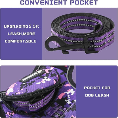 No Pull Dog Harness for Large Dogs, Adjustable No Choke Pet Vest with Dog Leash Fit Smart Reflective Pet Walking Harness for Training Easy Control Soft Handle Purple Camo XL