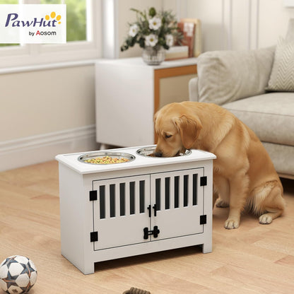 PawHut Large Elevated Dog Bowls with Storage Cabinet - 37L Capacity, Raised Dog Bowl Stand Feeding Station, White