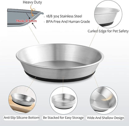 Stainless Steel Cat Bowls,Whisker Friendly Shallow Cat Dishes for Food and Water,Non-Slip Silicone Bottom,Heavy Duty,Replacement Kitten Metal Plate for Elevated Stands,2 Pack
