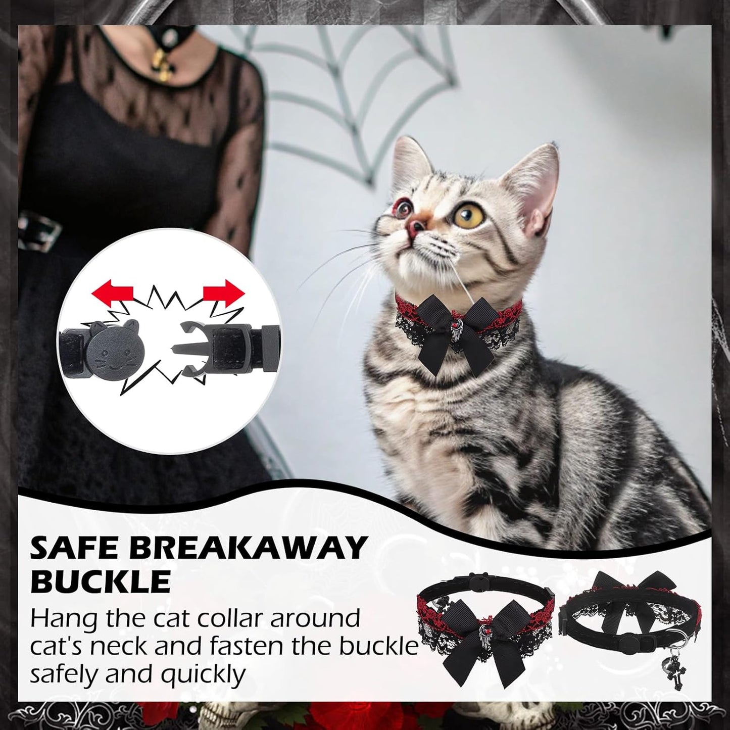 EXPAWLORER Cat Collar Breakaway,Adjustable Soft Velvet Cat Collar with Cross Accessory and Bell,Safety Quick Release Gothic Style Pet Collar for Cat,Kitten,Small Dog