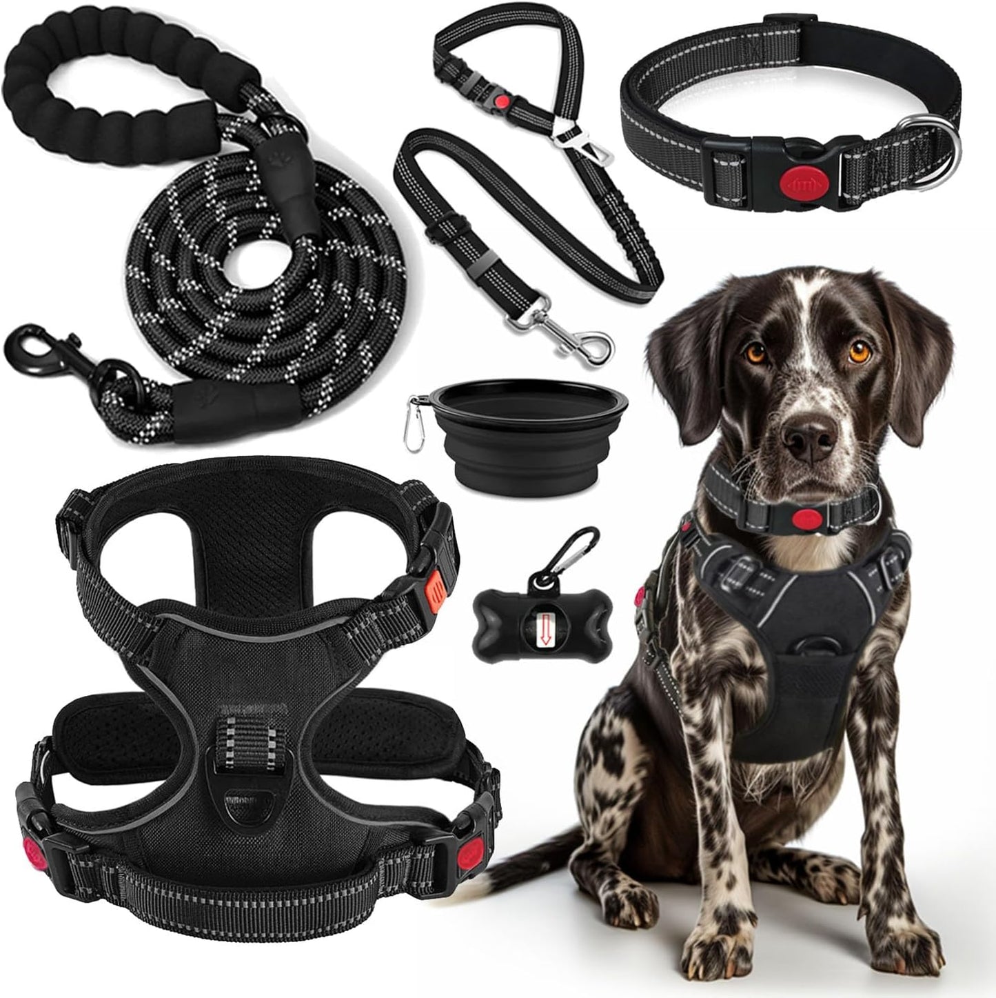 No Pull Dog Harness, Collar & Leash Set | Includes Dog Seat Belt, Collapsible Bowls & Poop Bag Dispenser. Ideal for Training, Walking, Hiking. Fits Small to Large Dogs(Black-M)