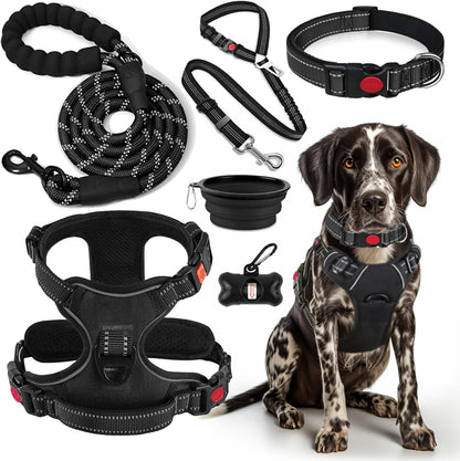 No Pull Dog Harness, Collar & Leash Set | Includes Dog Seat Belt, Collapsible Bowls & Poop Bag Dispenser. Ideal for Training, Walking, Hiking. Fits Small to Large Dogs(Black-M)