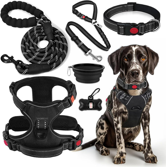 No Pull Dog Harness, Collar & Leash Set | Includes Dog Seat Belt, Collapsible Bowls & Poop Bag Dispenser. Ideal for Training, Walking, Hiking. Fits Small to Large Dogs(Black-XL)