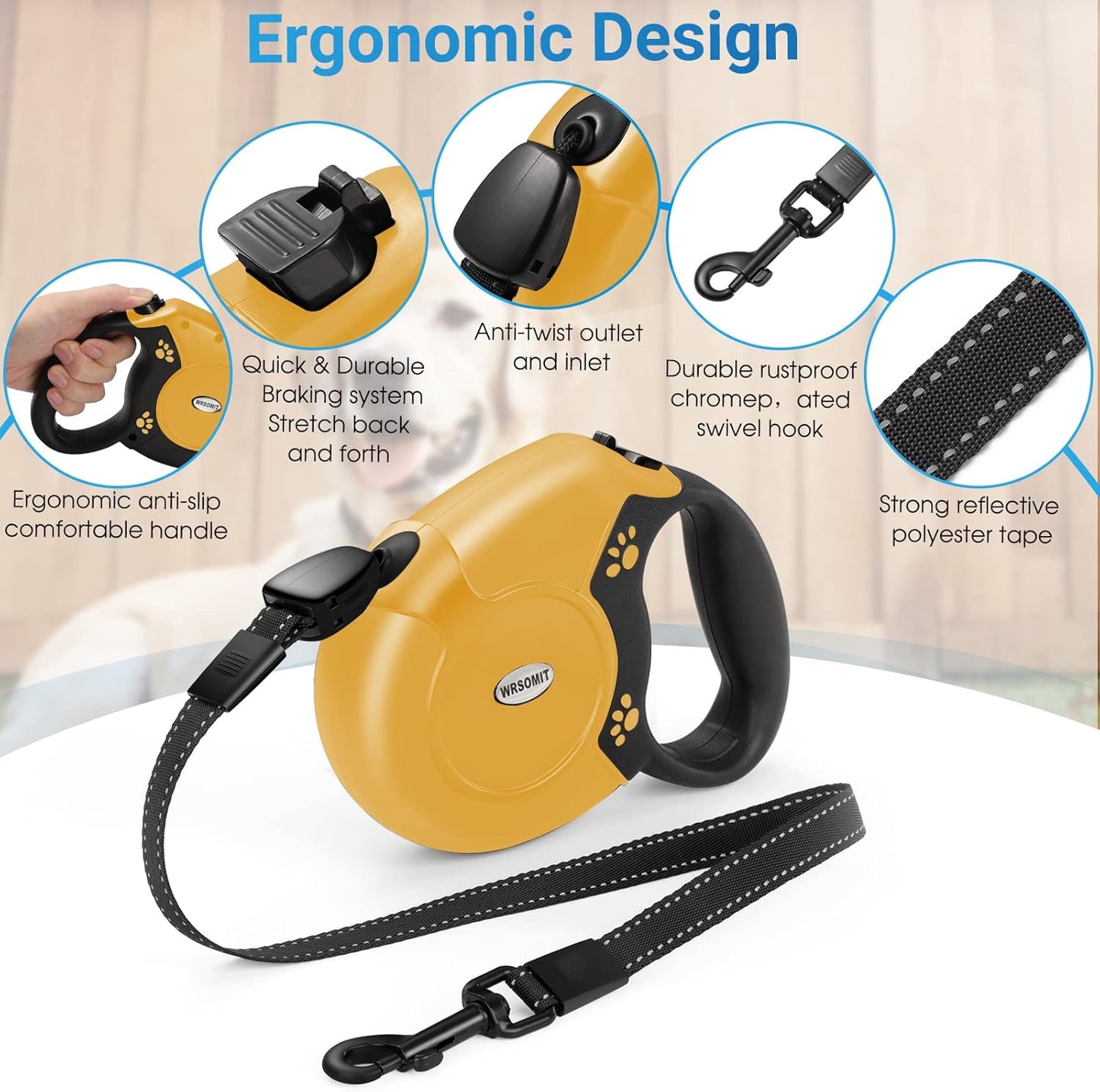 Retractable Dog Leash, 26 Ft Heavy Duty Pet Walking Leash for Small Medium Large Dogs up to 99lbs, Anti-Slip Handle, 360 ° No Tangle, Nylon Tape, One-Handed Brake (Yellow)