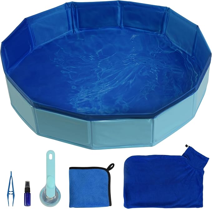Bearded Dragon Foldable Bath Pool with Bath Brush, Bathrobe, Towel, Spray Pot and Tweezer, (Blue 6 in 1 Set) for Puppy Small Dogs Cats