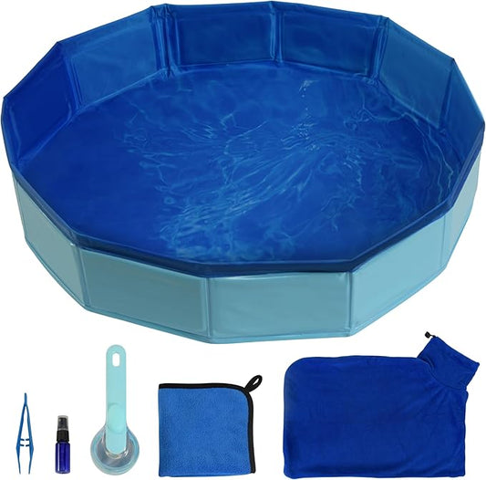 Bearded Dragon Foldable Bath Pool with Bath Brush, Bathrobe, Towel, Spray Pot and Tweezer, (Blue 6 in 1 Set) for Puppy Small Dogs Cats