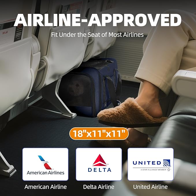 Top Load Medium Cat Carrier Privacy Curtain, American Airline Approved TSA Pet Travel Crate Suitcase Luggage Sleeve, Soft-Sided Teacup Poodle Dog Vet Bag Cage 18x11x11 Delta Under Seat Navy