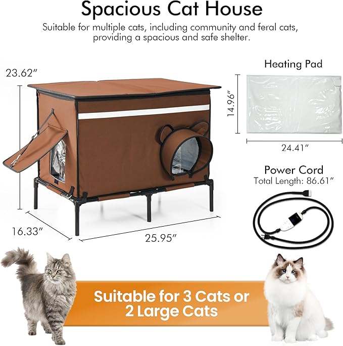 Heated Outdoor cat House for Outside, Weatherproof Insulated Feral Cat Shelter with Timer-Temp Control Heating Pad in Winter, Large Elevated Outdoor Cat House with Zipper, 2 Doors, Safety- Brown