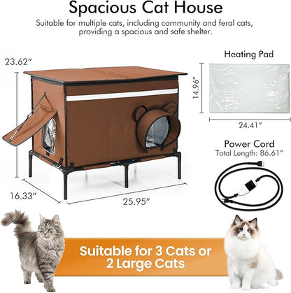 Heated Outdoor cat House for Outside, Weatherproof Insulated Feral Cat Shelter with Timer-Temp Control Heating Pad in Winter, Large Elevated Outdoor Cat House with Zipper, 2 Doors, Safety- Brown