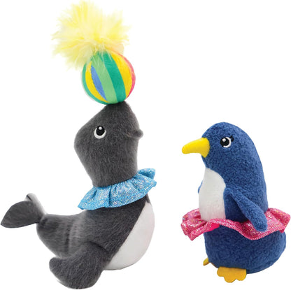 2 Pack Interactive Catnip and Feather Cat Toys, Circus Penguin and Seal Catnip Toys, Accessories for Indoor Cat, Catnip Plush Toys with Natural Feathers and Rattles