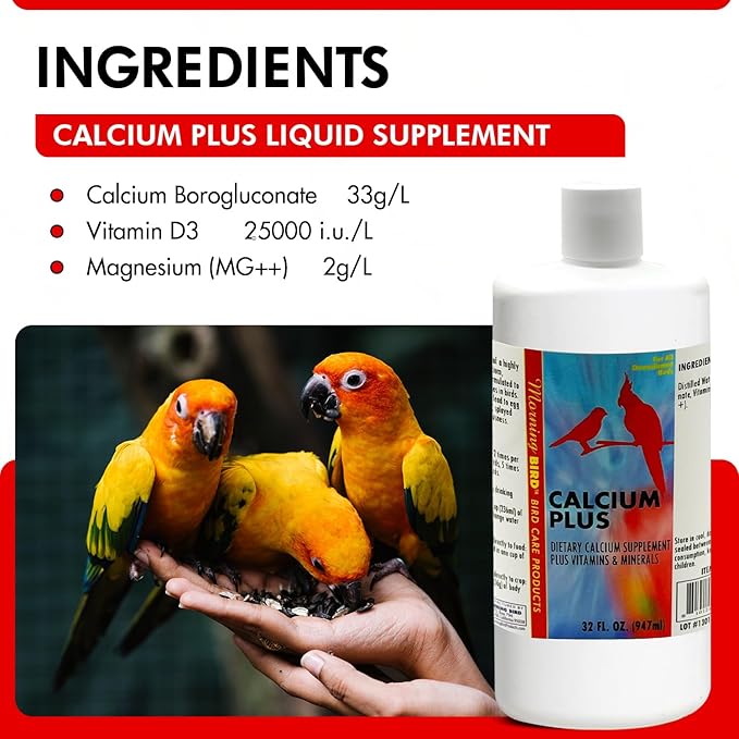 Morning Bird Calcium Plus Liquid for Birds – Bird Vitamins for Strong Eggshells, Healthy Bones, and Baby Bird to Support Growth, Breeding, and Wellness for All Birds 32 Fl Oz