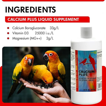 Morning Bird Calcium Plus Liquid for Birds – Bird Vitamins for Strong Eggshells, Healthy Bones, and Baby Bird to Support Growth, Breeding, and Wellness for All Birds 32 Fl Oz