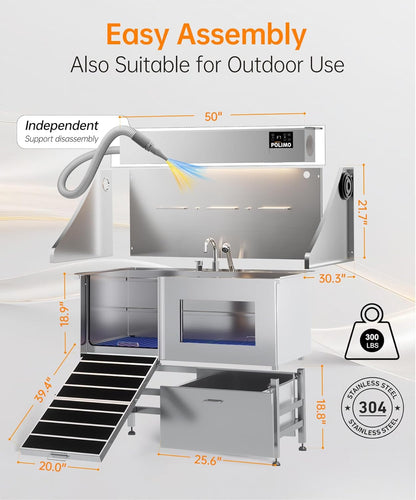 POLIMO Dog Washing Station with Pet Dryer & LED, Professional Dog Bathing Station for Large, Medium & Small Dogs – with Window, Ramp, Drawer, Floor Grate, LED Display & Faucet (Left Ramp & Dryer, 50")