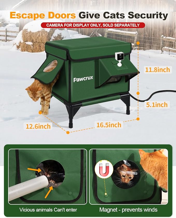 Weatherproof Heated Cat House for Outdoor in Winter, Heated Cat Bed Kitty Shelter with Cat Heating Pad, Insulated & Safe Escape Door, Warm House for Outside Stray Cat (Green, 12.6"x16.5"x16.9")