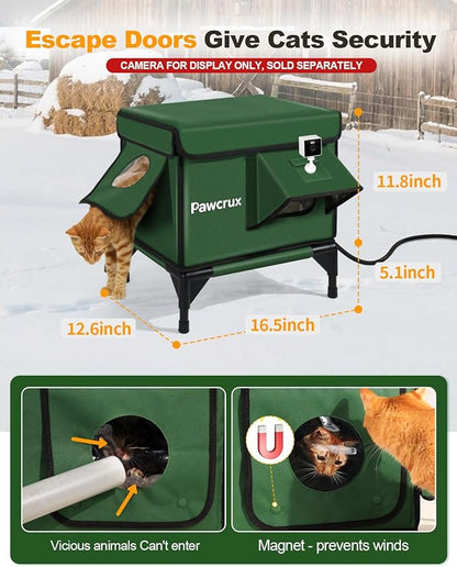 Weatherproof Heated Cat House for Outdoor in Winter, Heated Cat Bed Kitty Shelter with Cat Heating Pad, Insulated & Safe Escape Door, Warm House for Outside Stray Cat (Green, 12.6"x16.5"x16.9")