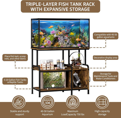40-50 Gallon Fish Tank Stand，750 lbs Capacity Aquarium Stand，Heavy-Duty 3-Level Reptile Stand with Built-in Storage，36.8×15.7×31.5" Steel Terrarium Stand，Retro Brown