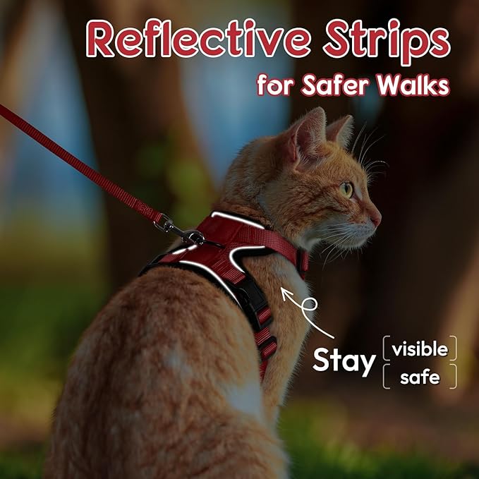 Dooradar Cat Harness and Leash Set, Escape Proof Safe Adjustable Kitten Vest Harnesses for Walking, Easy Control Soft Breathable Mesh Jacket with Reflective Strips for Cats, Red, S