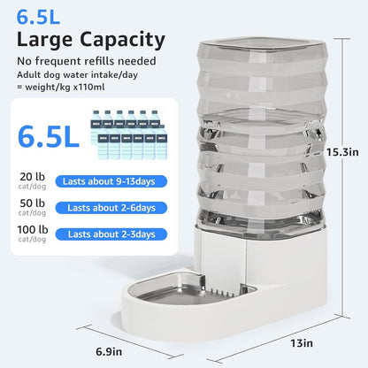 Gravity 6.5L Dog and Cat Water Bowl Dispenser, Automatic Stainless Steel Dog Water Bowl, 100% BPA-Free, Self-Filling Large Capacity Pet Water Feeder for Dogs and Cats