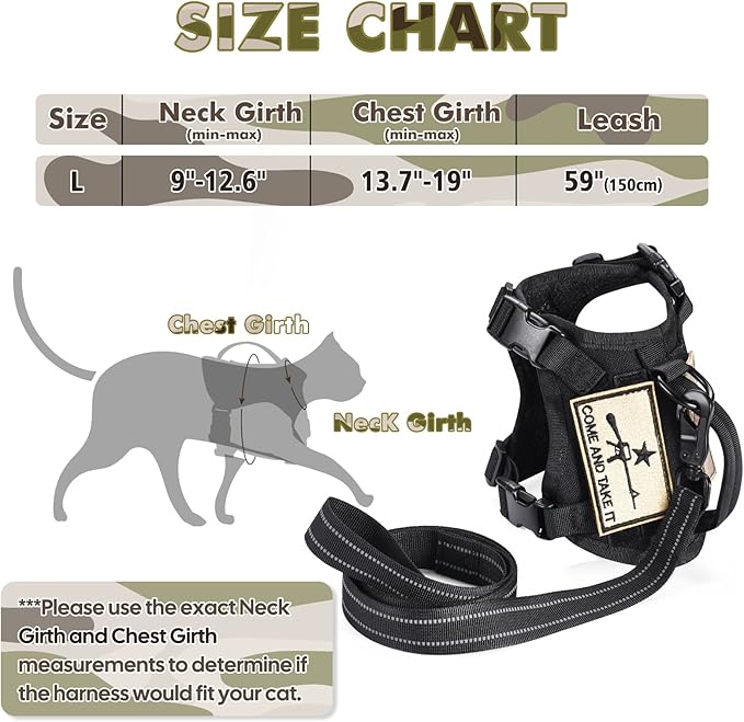 Tactical Cat Harness and Leash, Escape Proof Large Cat Walking Vest,Adjustable Soft Mesh Pet Vest Harness with Control Handle, Molle Patches Black
