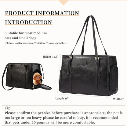 Fashion Dog Purse Pet Carrier Leather Bag for Small Dogs Cats Puppy, Portable Tote Bag Airline Approved Soft-Sided Carriers (Black)