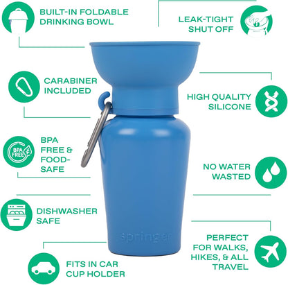 Springer Flip Portable Dog Water Bottle with Foldable Food Grade Silicone Bowl - 20 Ounce Travel Dog Water Bottle Ideal for Camping - Easy Squeeze Hydration & Release to Drain