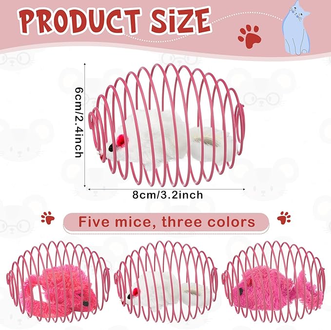 Jecery 5 Pcs Halloween Cat Spring Balls Toys Stretchable Rolling Balls Colorful Playful Coils Interactive Spring Action Toy Caged Rats for Kitten Cat Pet Supplies(Mouse,Pink,5 Pcs)