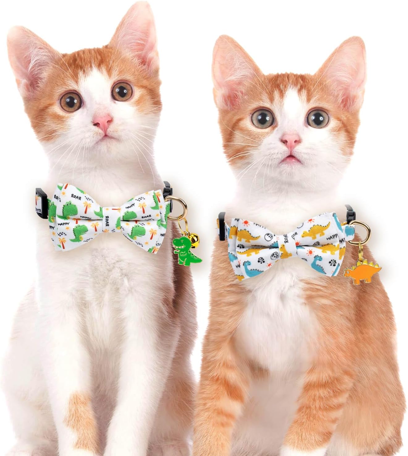 2 Pack Cotton Cat Collar with Bow Tie and Bell for Girl Boy Cats,Cute Pink Flamingo and Blue Whale Pattern Spring Summer Breakaway Cat Collar for Male Female Cats (Dinosaur)