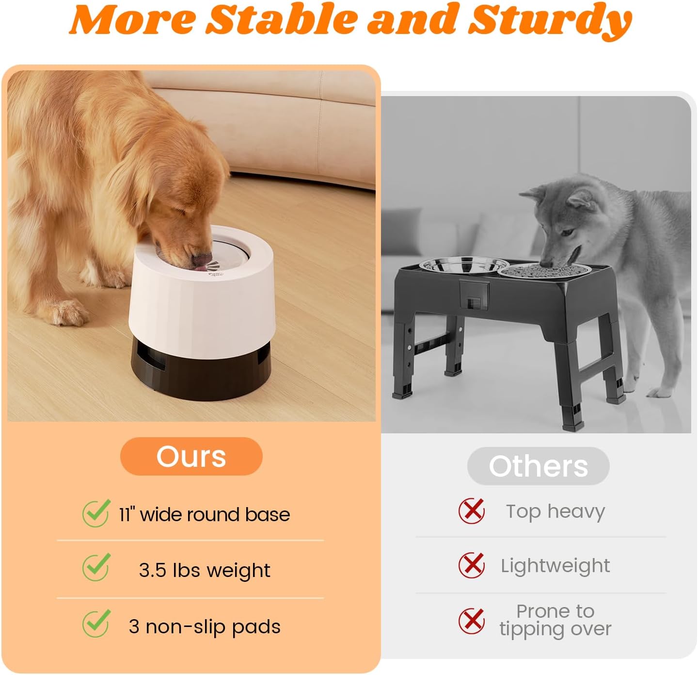 Pawque Raised 95oz Slow Drinking Dog Water Bowl No Spill for Medium Large Breed, Single Elevated Stainless Steel Water Bowl with Floating Disc, Stable Sturdy Base and Snap on Adjustable Height Stand