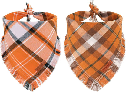 PTDECOR Fall Dog Bandanas with Tassels Edges, 2 Pack Orange Plaid Scarf Bib, Halloween Thanksgiving Pet Bandana, Reversible Triangle Bandanas for Medium Large Dogs Pets (Large)