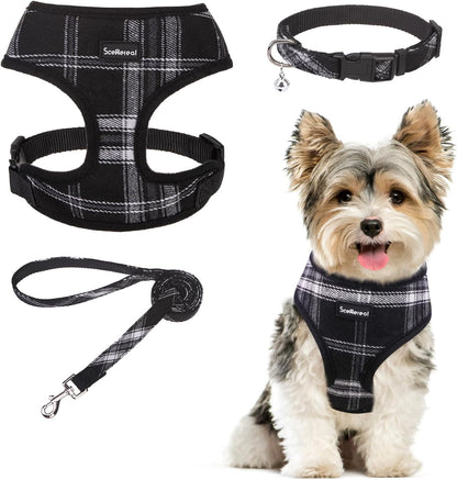 SCENEREAL No Pull Dog Harness Collar and Leash Set Small Medium Sized Dog, Soft Mesh Step in Puppy Harnesses, No Chock Plaid Adjustable Pet Vest for Outdoor Walking Training and Running, Black XS