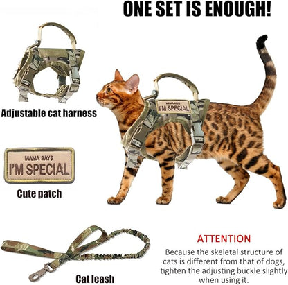AIWAI Tactical Cat Harness for Walking Escape Proof, Adjustable Pet Vest Harness, Soft Mesh with Control Handle for Large Cat Small Dog, Gift with Patch (Camouflage, cat Harness and Leash Set)