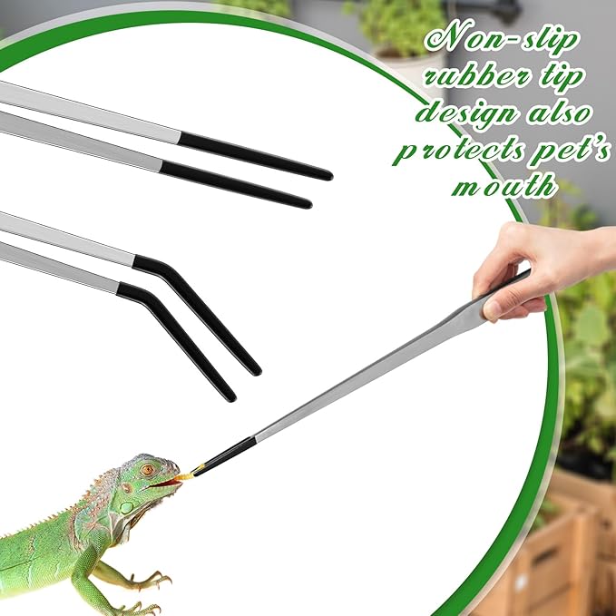 Lasnten 2 Pcs Extra Long Stainless Steel Reptile Feeding Tongs with Rubber Tip Bearded Dragon Aquarium Straight and Curved Long Tweezer Terrarium Feeder Tool for Tank(Silver, 18.5 Inch, 18.9 Inch)