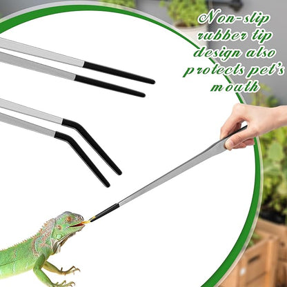 Lasnten 2 Pcs Extra Long Stainless Steel Reptile Feeding Tongs with Rubber Tip Bearded Dragon Aquarium Straight and Curved Long Tweezer Terrarium Feeder Tool for Tank(Silver, 18.5 Inch, 18.9 Inch)