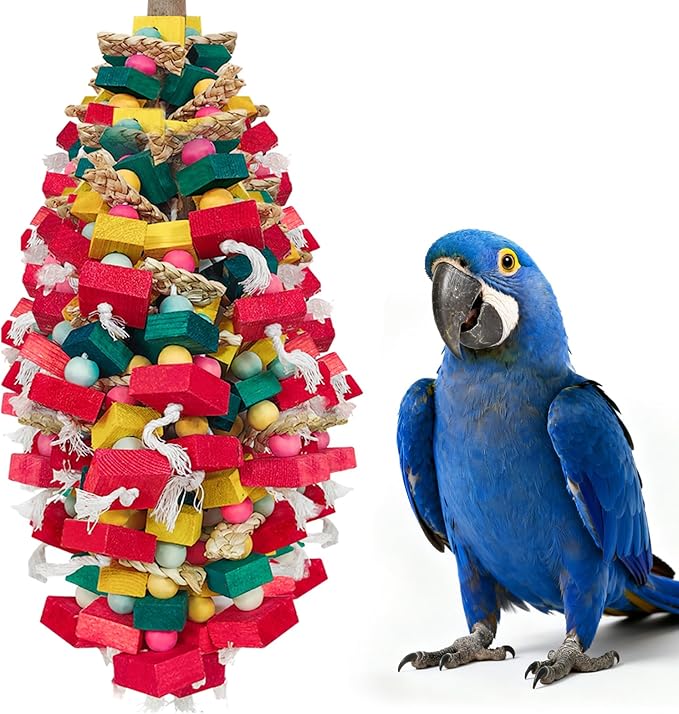 Bird Toys for Large Parrots Colorful Natural Wood Block Parrots Chew Foraging Toys for Bird Cages Cockatoos, Macaws, African Greys, and Amazons