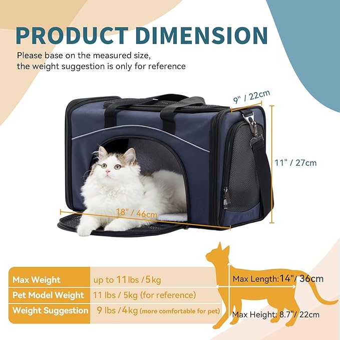 ‌Petsfit Airline Approved Pet Carrier for Small Cats, 15x8x10 TSA Approved Carrier, with Removable Dual-Sided Padding (2-Way Placement) - Fits Under Most Airplane Seats, Escape Proof (Navy)