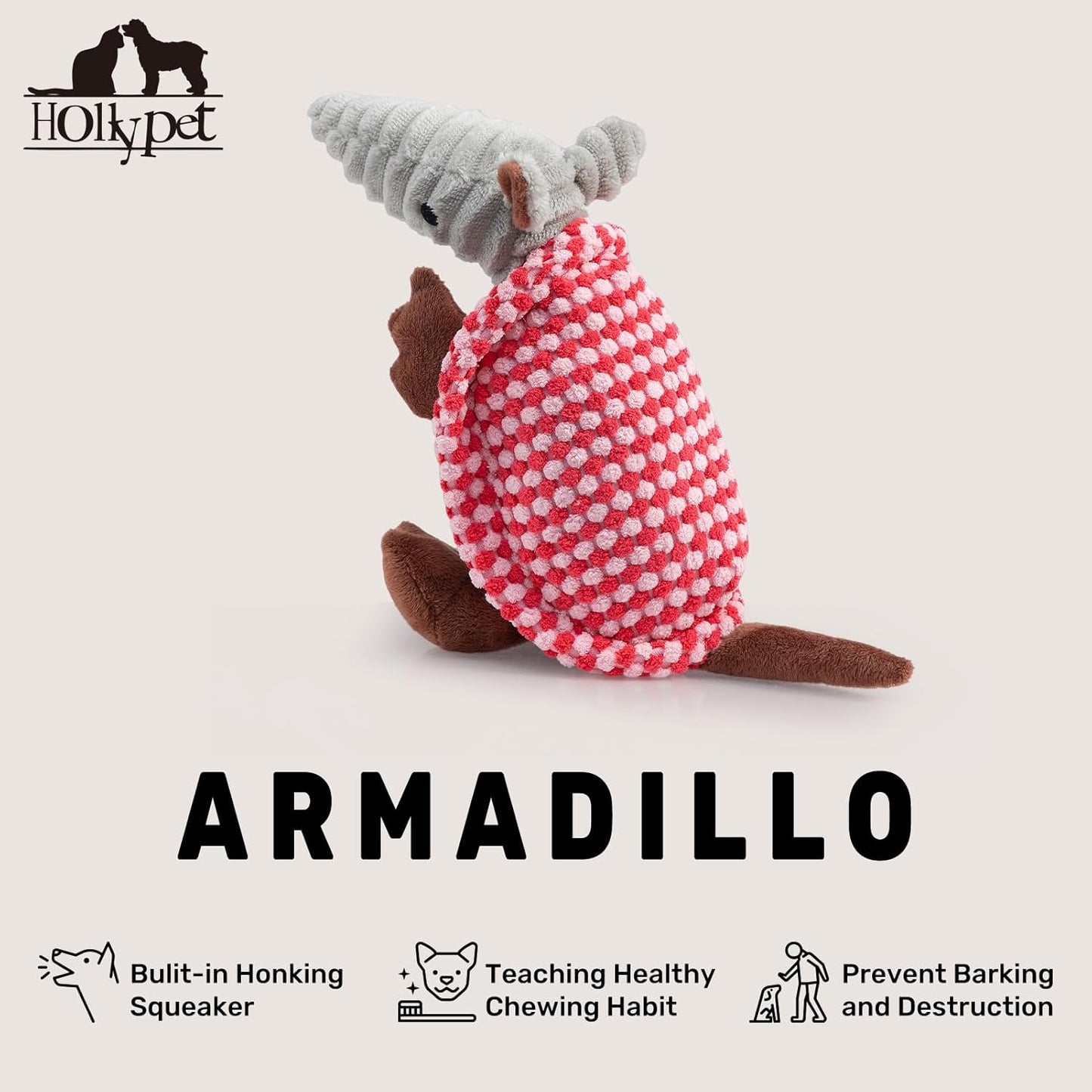 Hollypet Plush Dog Squeaky Toy Stuffed Armadillo Animal Pet Puppy Chew Toys with Clean Teeth for Small Medium Large All Breed Sizes Dogs, Light Pink and Bright Pink,8 in