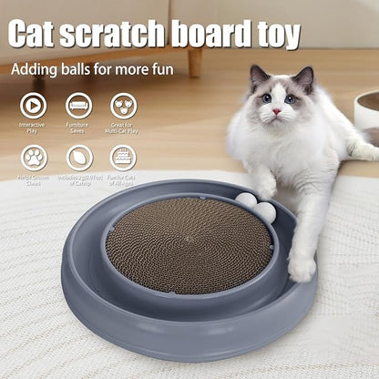 Interactive Cat Scratcher with Two Rotating Balls,Durable Scratch Pad for Indoor Play,Cardboard Cat Scratcher Pad with Cat Toy Ball Track and Catnip,2-in-1 Cat Toy (Grey)