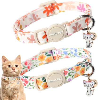 ARING PET 2 Pack Cat Collars-Cute Breakaway Cat Collar with Bell & Pendant, Adjustable Floral Pattern Female Kitten Collars with Safety Buckle for Girl and Boy Cats