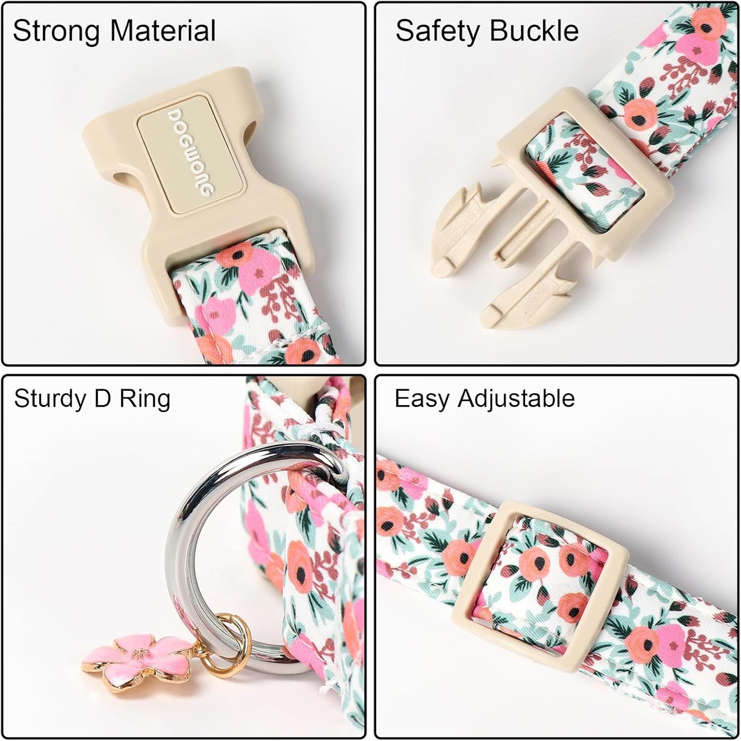 DOGWONG Flower Cotton Dog Collar, Spring Summer Cute Pink Dog Collar Durable Soft Fabric Pet Dog Collars Female Girl Necklace for Small Medium Large Dogs