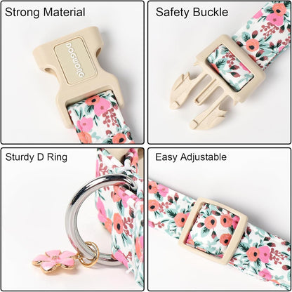 DOGWONG Flower Cotton Dog Collar, Spring Summer Cute Pink Dog Collar Durable Soft Fabric Pet Dog Collars Female Girl Necklace for Small Medium Large Dogs