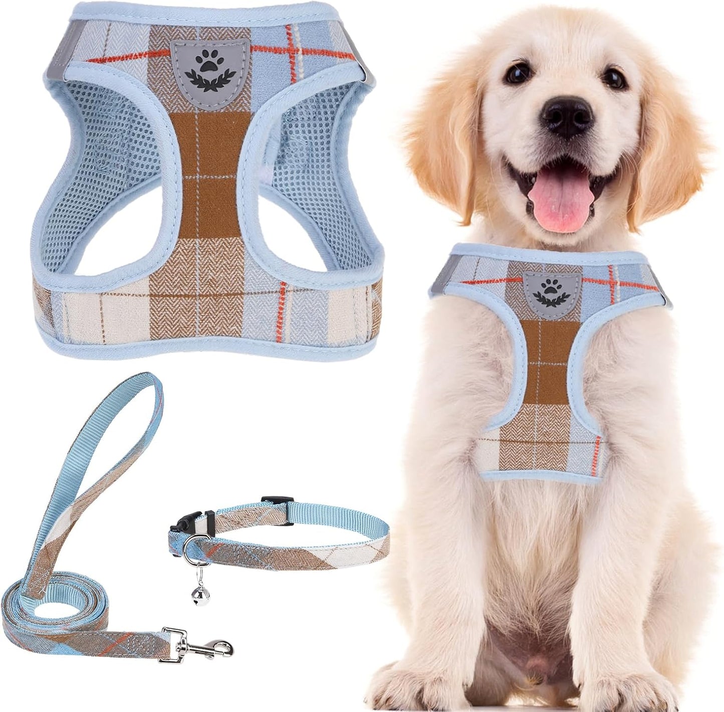 PUPTECK Adjustable Dog Harness Collar and Leash Set Step in No Pull Pet Harness for Small Medium Dogs Puppy and Cats Outdoor Walking Running, Soft Mesh Padded Reflective Vest Harnesses, BlueBrown XS