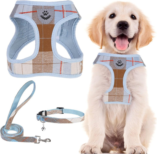 PUPTECK Adjustable Dog Harness Collar and Leash Set Step in No Pull Pet Harness for Small Medium Dogs Puppy and Cats Outdoor Walking Running, Soft Mesh Padded Reflective Vest Harnesses, BlueBrown XS