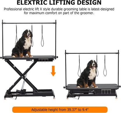 47” Electric Lift Dog Grooming Table (Black), Heavy Duty Electric Grooming Arm Table for Pets & Large Dogs Adjustable Height: 9.4 in-39.4 in Non-slip Desktop with Gantry Crane Set